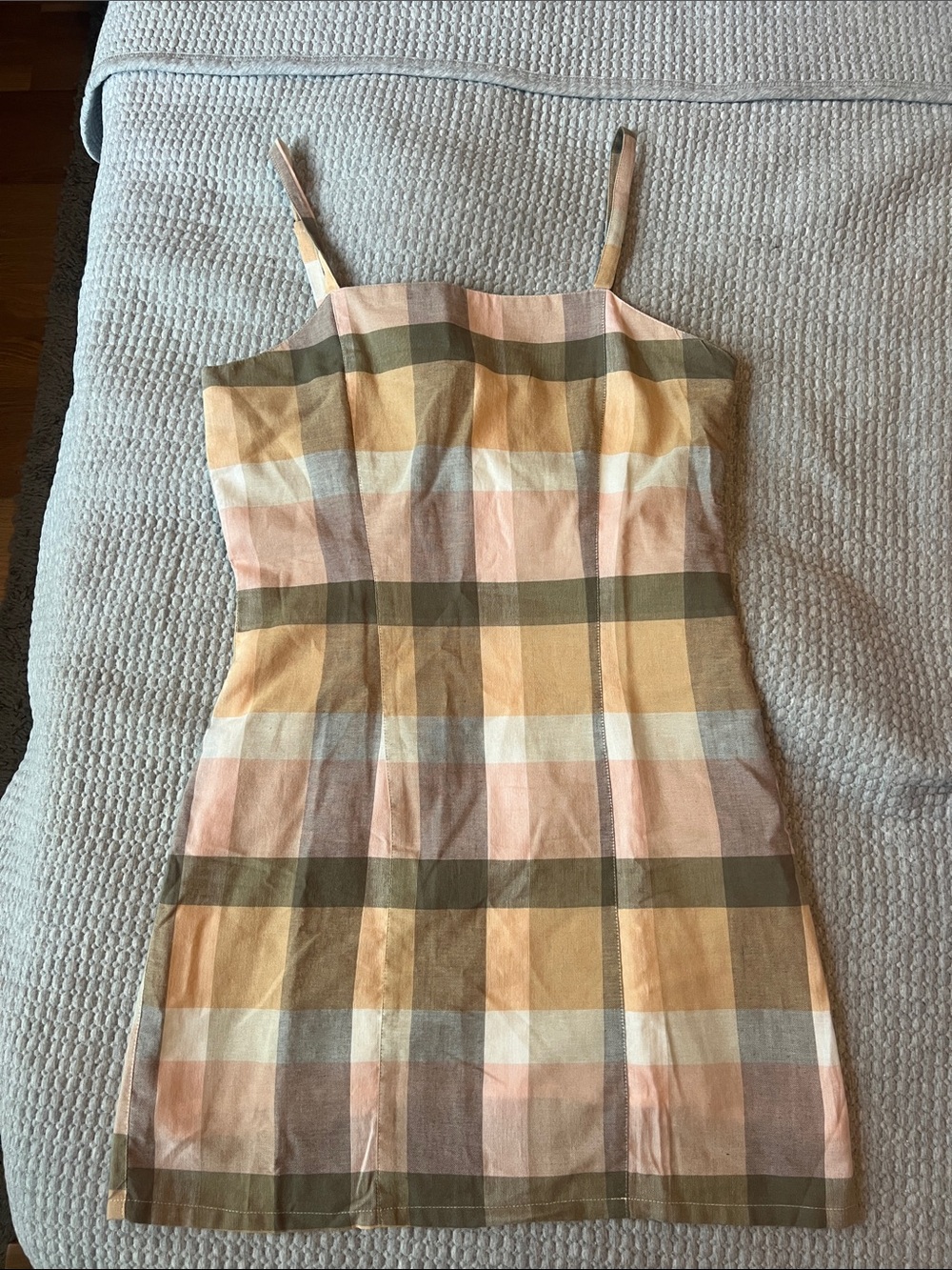 All About Eve Plaid Mini Dress in Peach, Olive & Cream